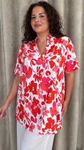 CurveWow Notch Neck Tunic Top Red & Pink Floral