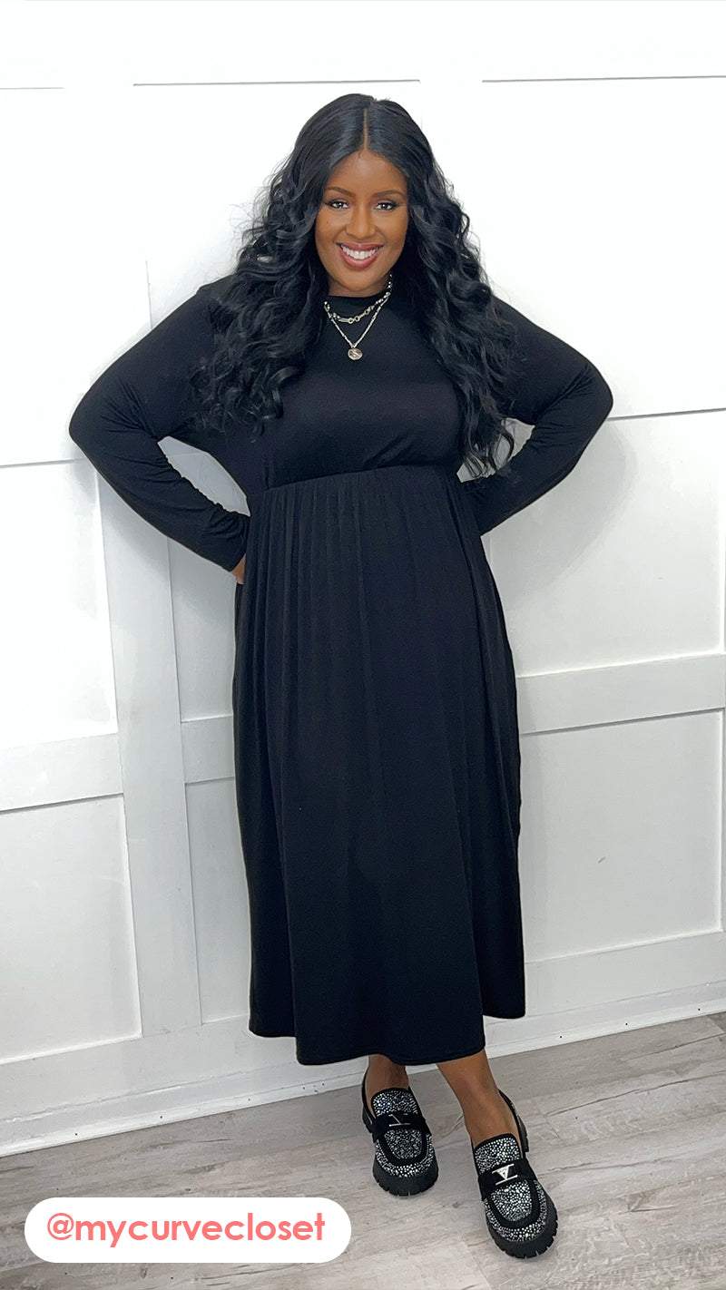 CurveWow Long Sleeve Jersey Pocket Midi Dress Black Curvewow CurveWow Long Sleeve Jersey Pocket Midi Dress Black Curvewow