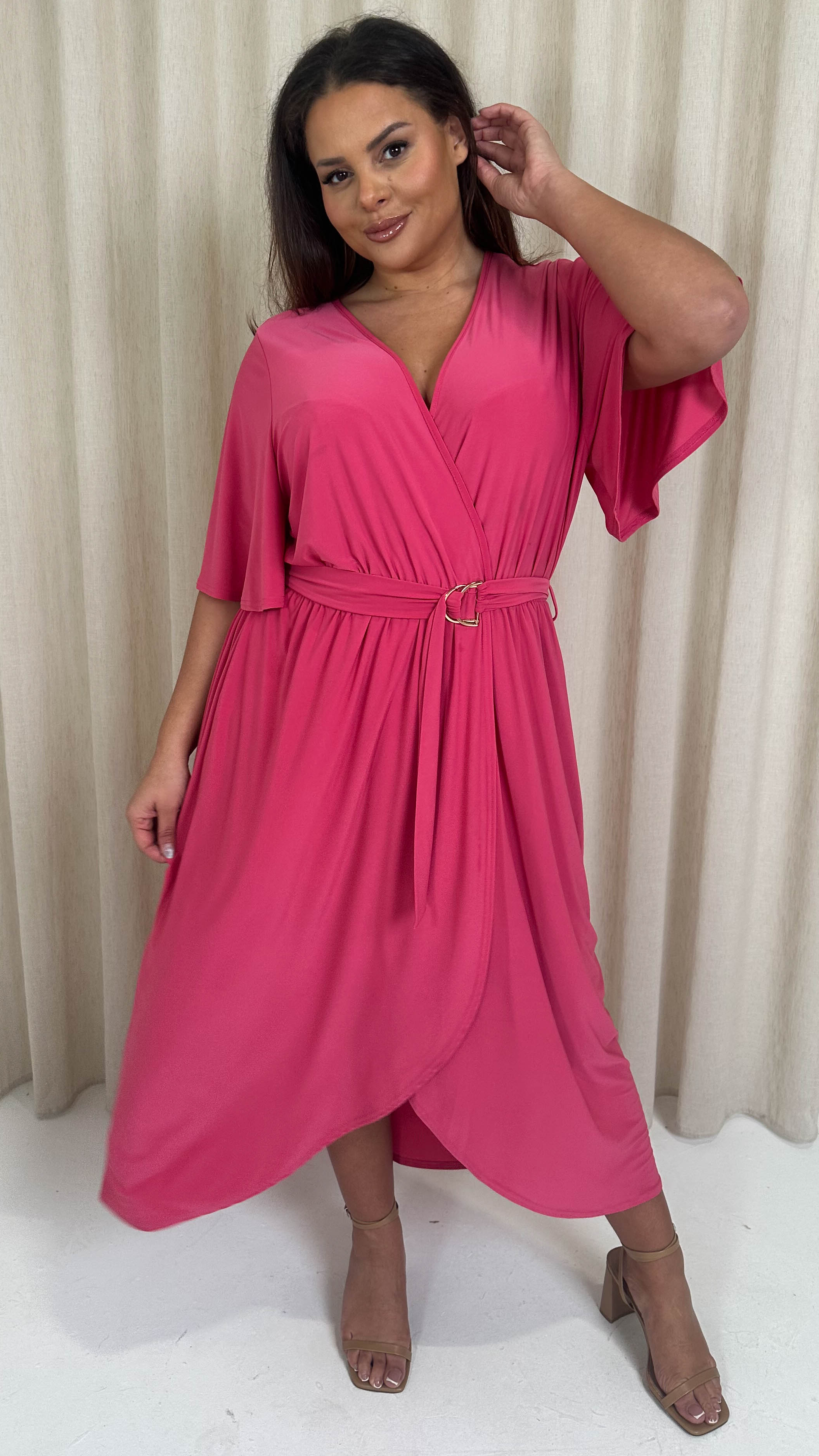 CurveWow D Ring Belted Wrap Dress Pink