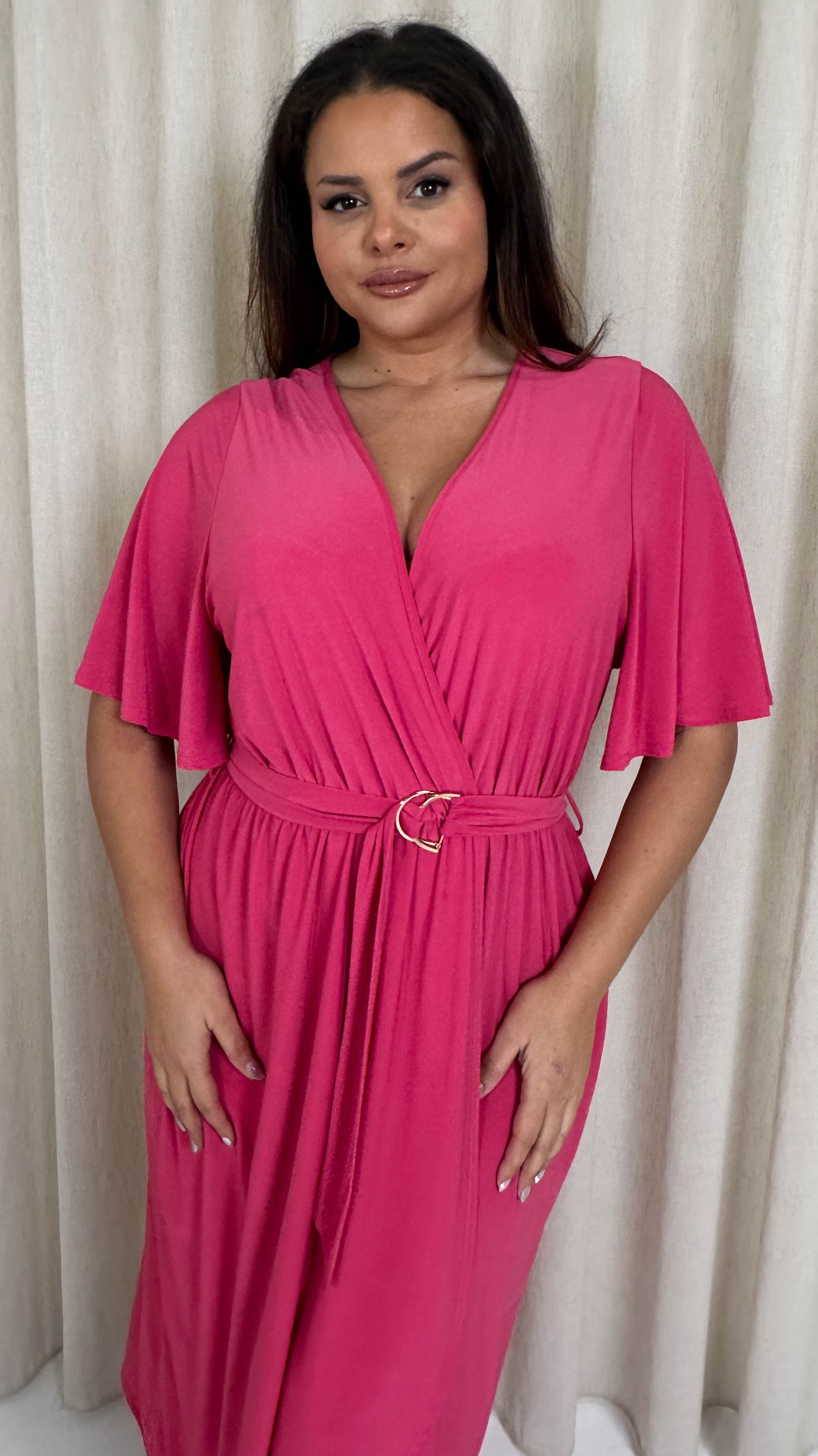 CurveWow D Ring Belted Wrap Dress Pink