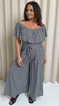 CurveWow Wide Leg Self Tie Frill Bardot Jumpsuit Geo Mono