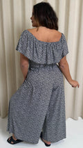 CurveWow Wide Leg Self Tie Frill Bardot Jumpsuit Geo Mono