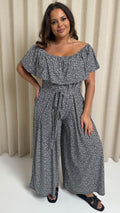 CurveWow Wide Leg Self Tie Frill Bardot Jumpsuit Geo Mono