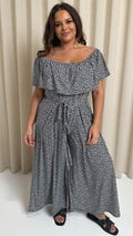 CurveWow Wide Leg Self Tie Frill Bardot Jumpsuit Geo Mono