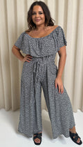 CurveWow Wide Leg Self Tie Frill Bardot Jumpsuit Geo Mono