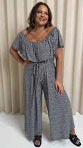 CurveWow Wide Leg Self Tie Frill Bardot Jumpsuit Geo Mono