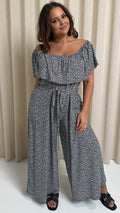 CurveWow Wide Leg Self Tie Frill Bardot Jumpsuit Geo Mono