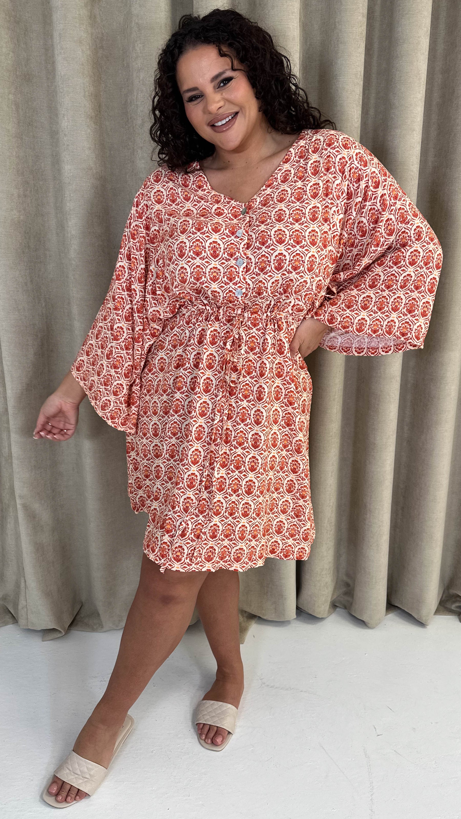 CurveWow Button Front Kimono Sleeve Dress Multi Floral Curvewow CurveWow Button Front Kimono Sleeve Dress Multi Floral Curvewow