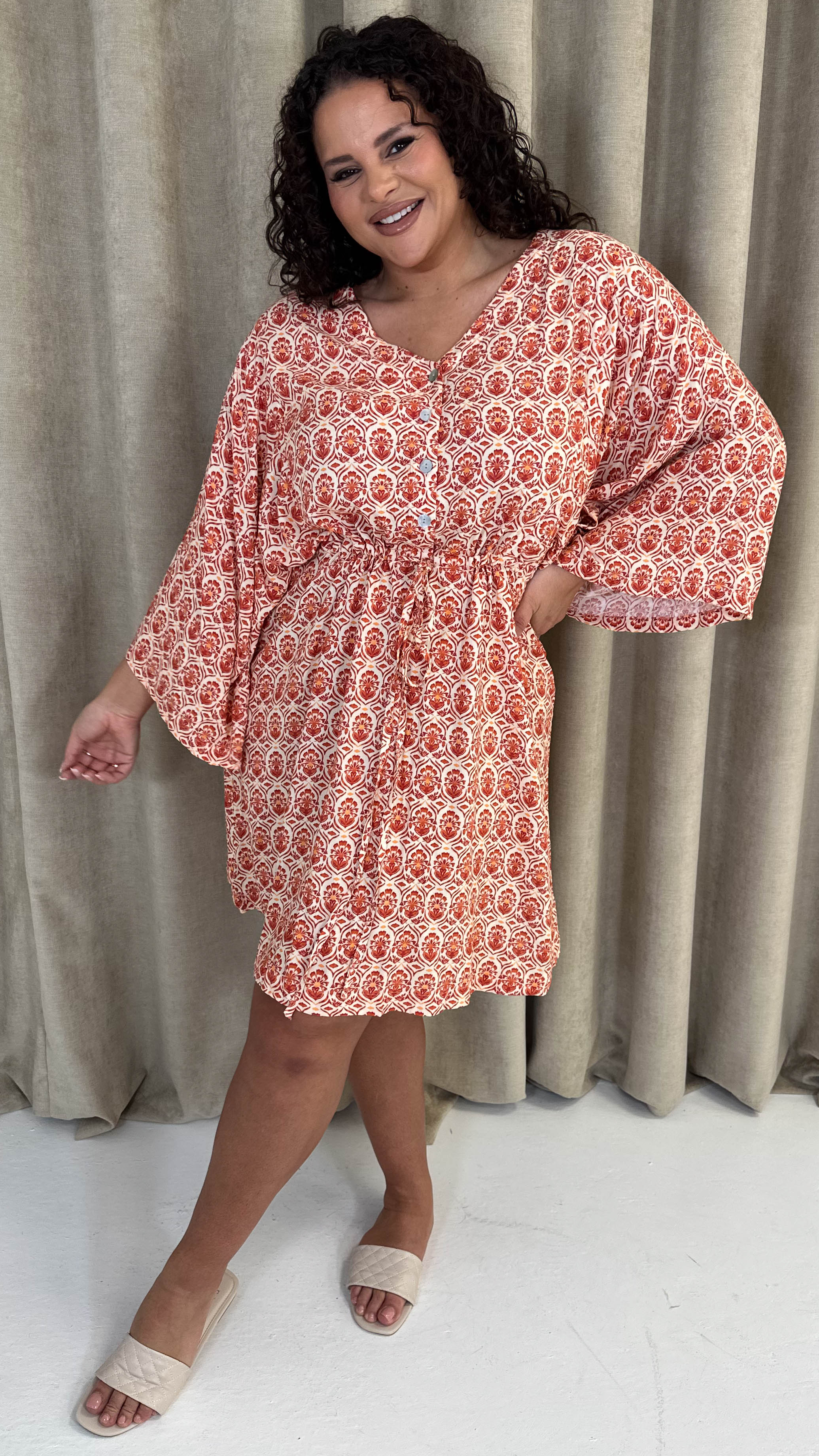 CurveWow Button Front Kimono Sleeve Dress Multi Floral Curvewow CurveWow Button Front Kimono Sleeve Dress Multi Floral Curvewow