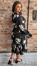 CurveWow Long Sleeve Floral Wrap Midaxi Dress Black/Ivory