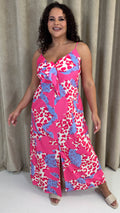 CurveWow Tie Front Cami Maxi Dress Pink Leopard