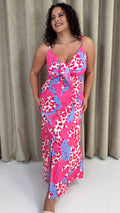 CurveWow Tie Front Cami Maxi Dress Pink Leopard