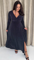 CurveWow Wrap Maxi Dress Black & Silver Sparkle