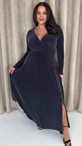 CurveWow Wrap Maxi Dress Black & Silver Sparkle