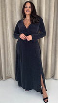 CurveWow Wrap Maxi Dress Black & Silver Sparkle