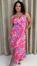 CurveWow Tie Front Cami Maxi Dress Pink Leopard