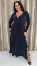 CurveWow Wrap Maxi Dress Black & Silver Sparkle