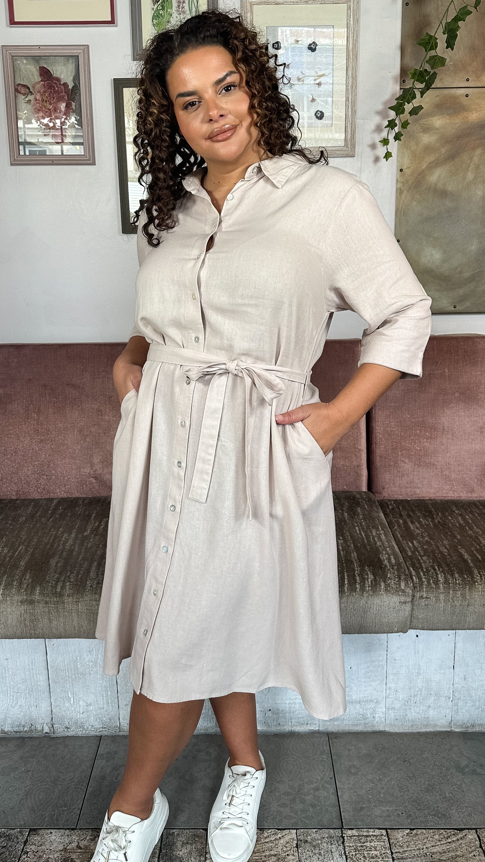 CurveWow Linen Midi Shirt Dress Cream