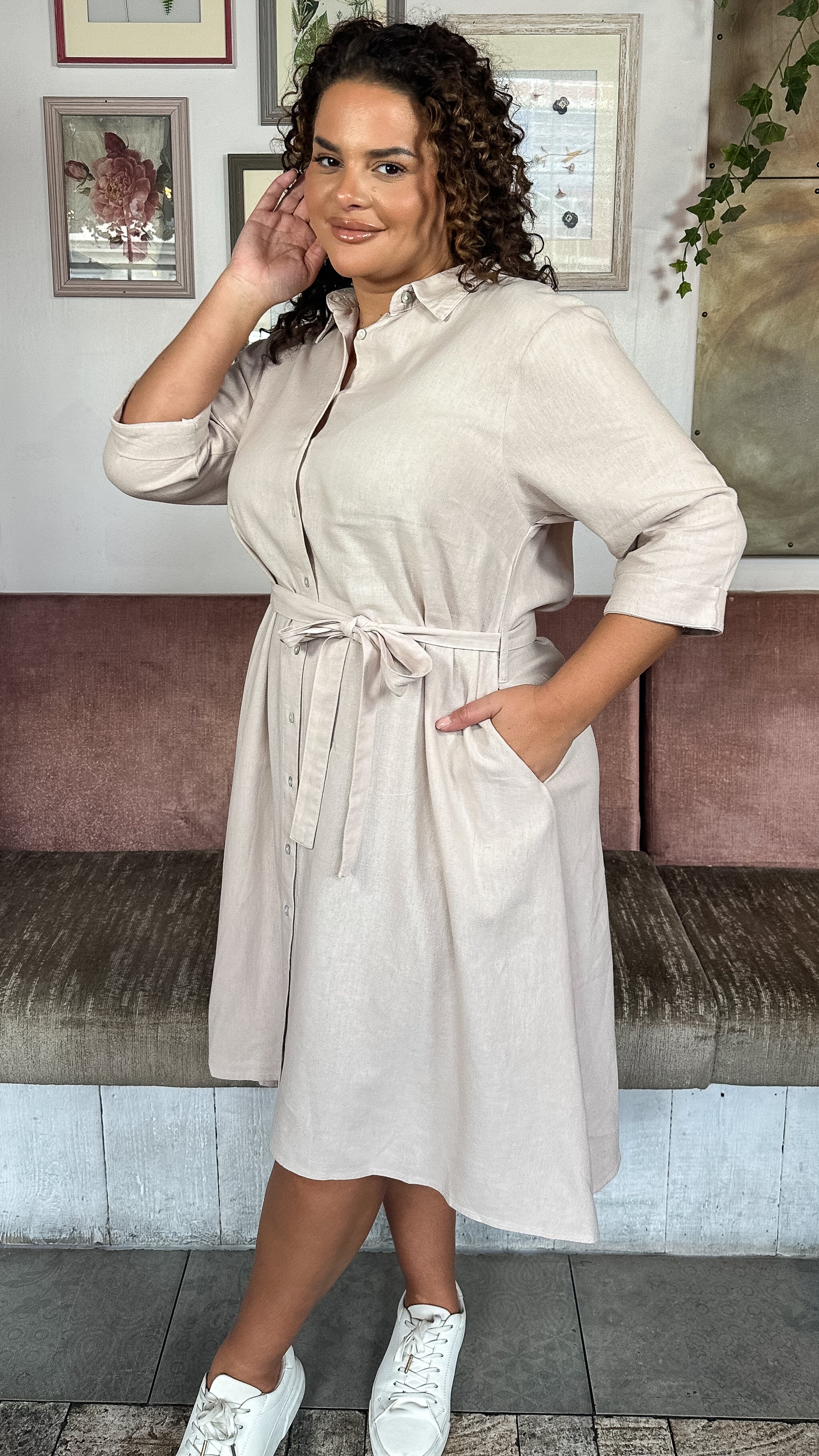 CurveWow Linen Midi Shirt Dress Cream Curvewow CurveWow Linen Midi Shirt Dress Cream Curvewow