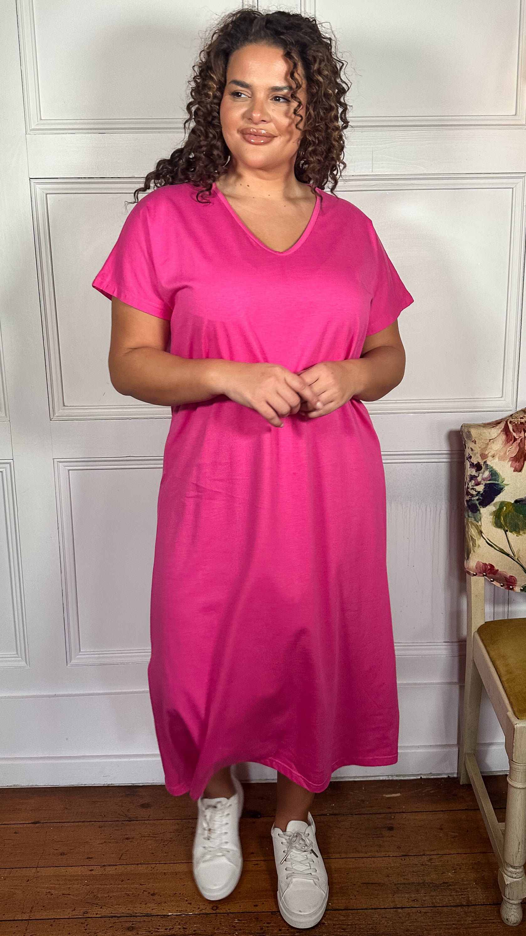 CurveWow Side Split Midaxi T-Shirt Dress Pink