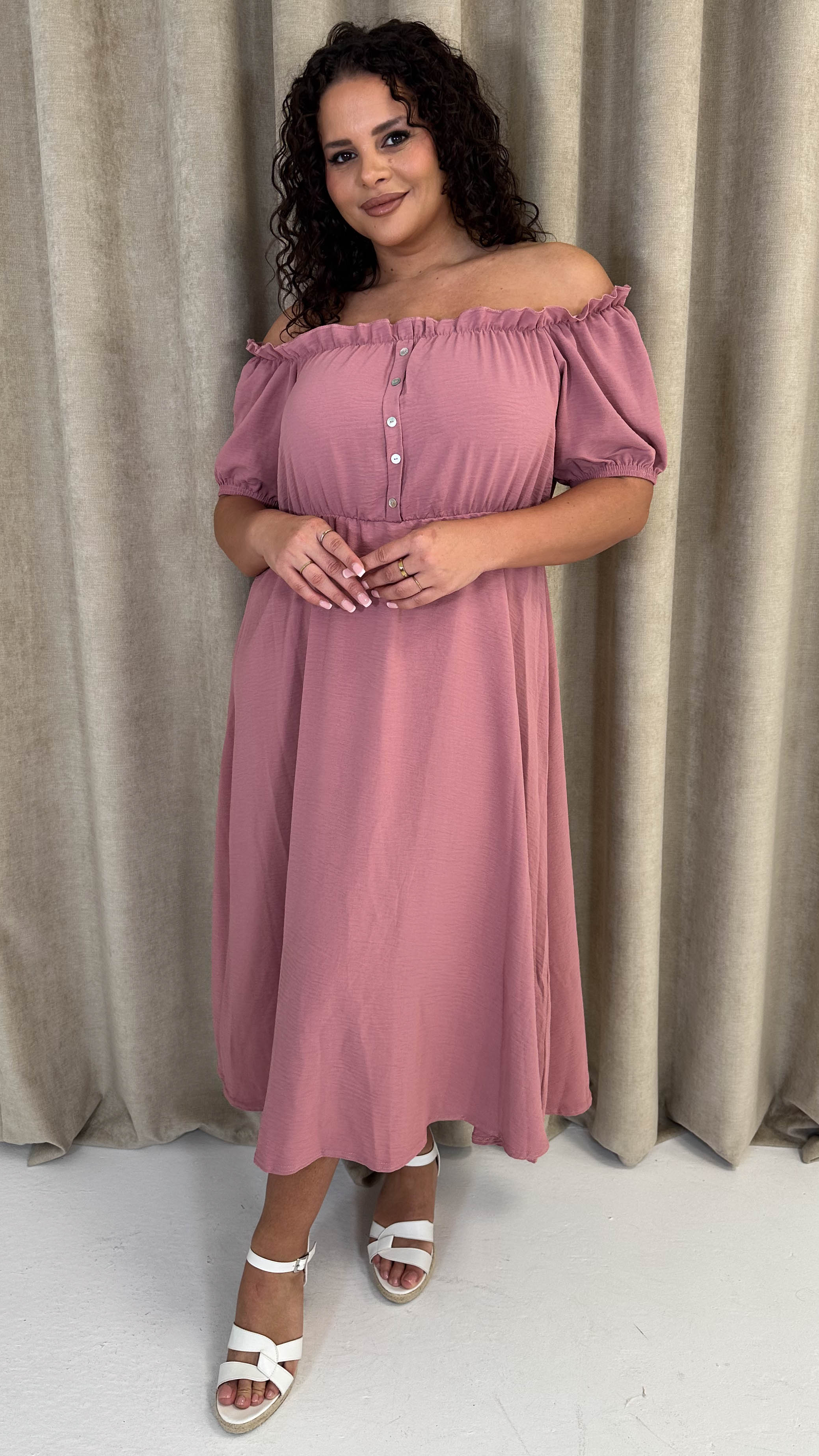 CurveWow Bardot Midi Dress Pink Curvewow CurveWow Bardot Midi Dress Pink Curvewow