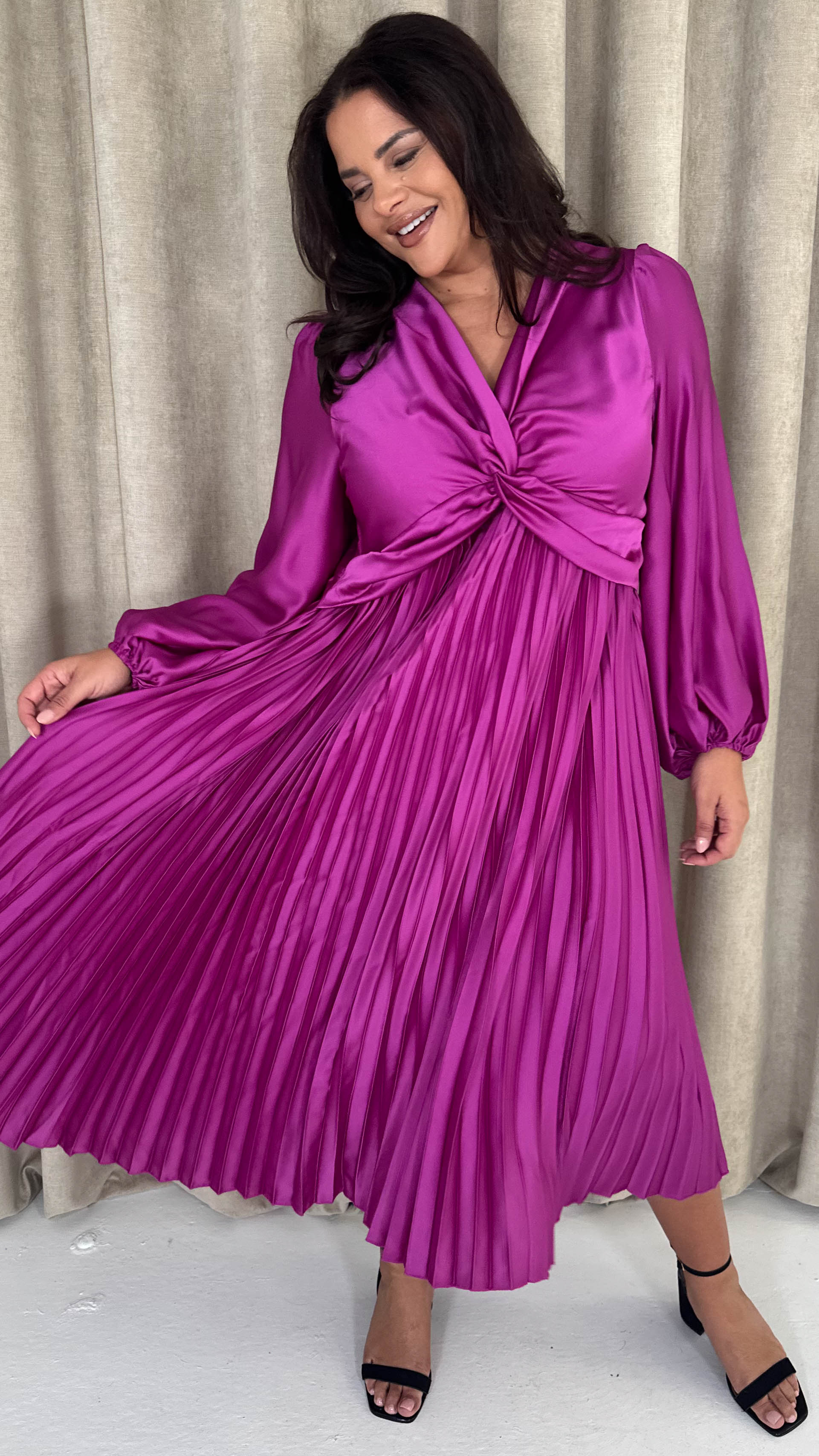 CurveWow Twist Front Satin Midi Purple