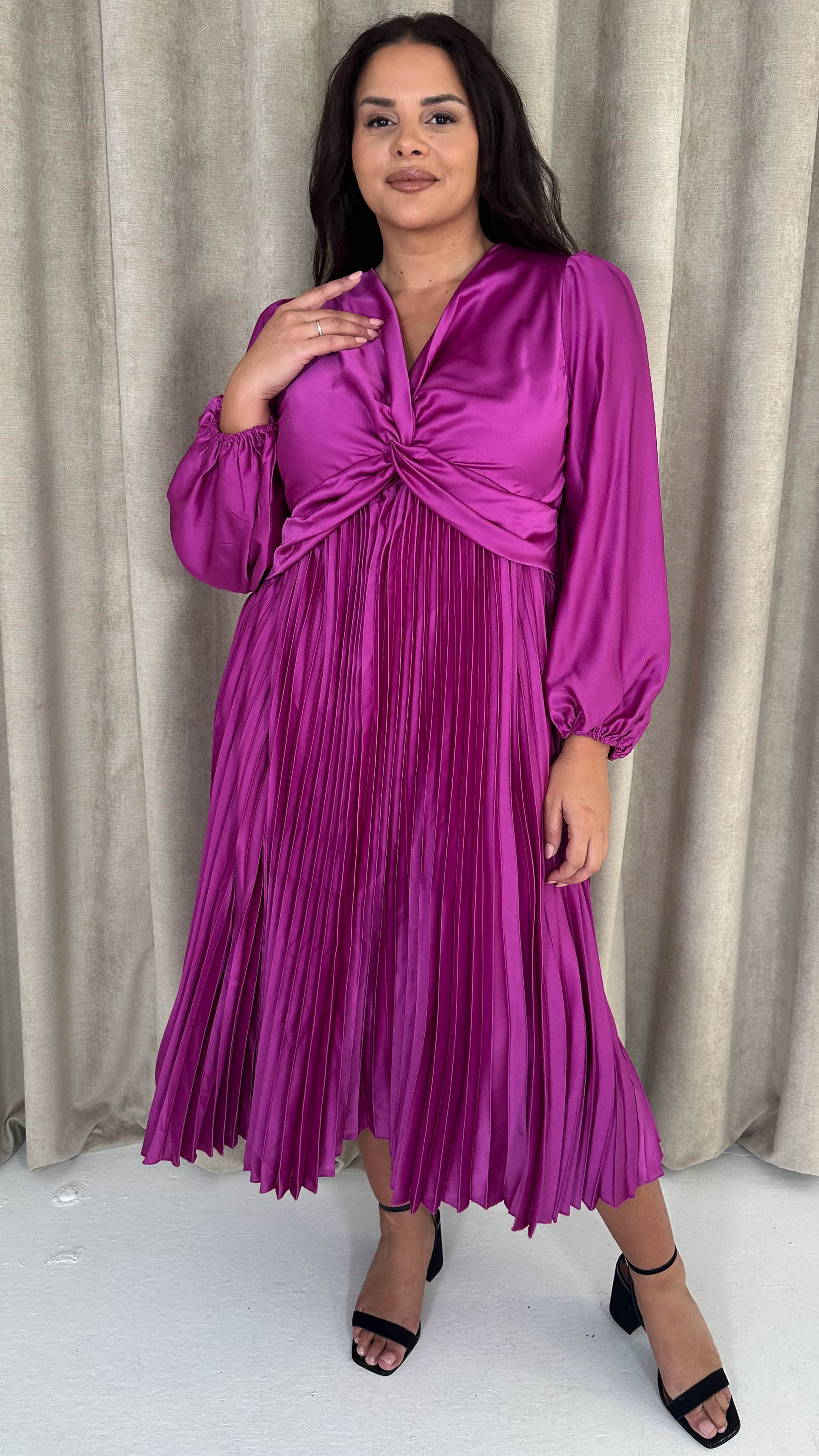 CurveWow Twist Front Satin Midi Purple