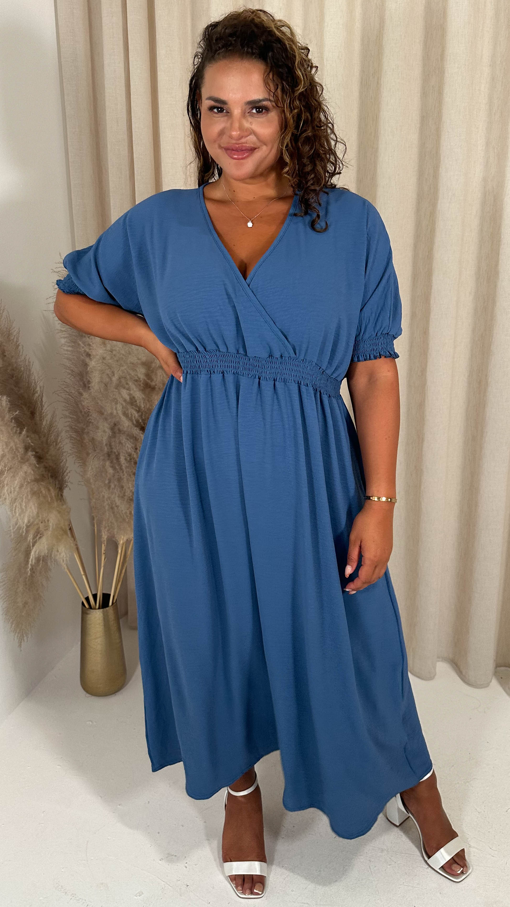 CurveWow Shirred Waist Cuff Midaxi Dress