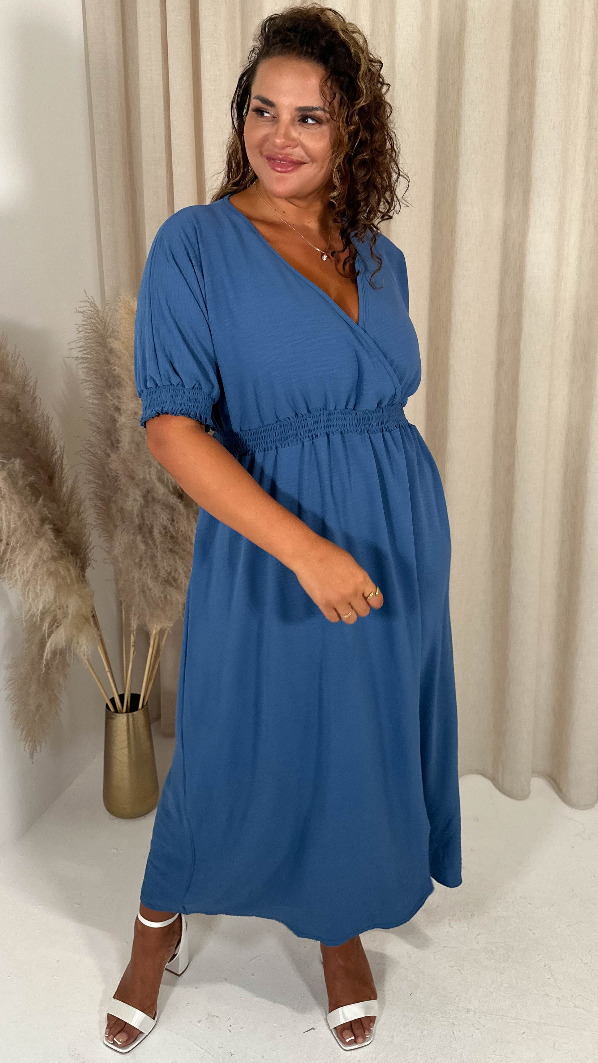 CurveWow Shirred Waist Cuff Midaxi Dress