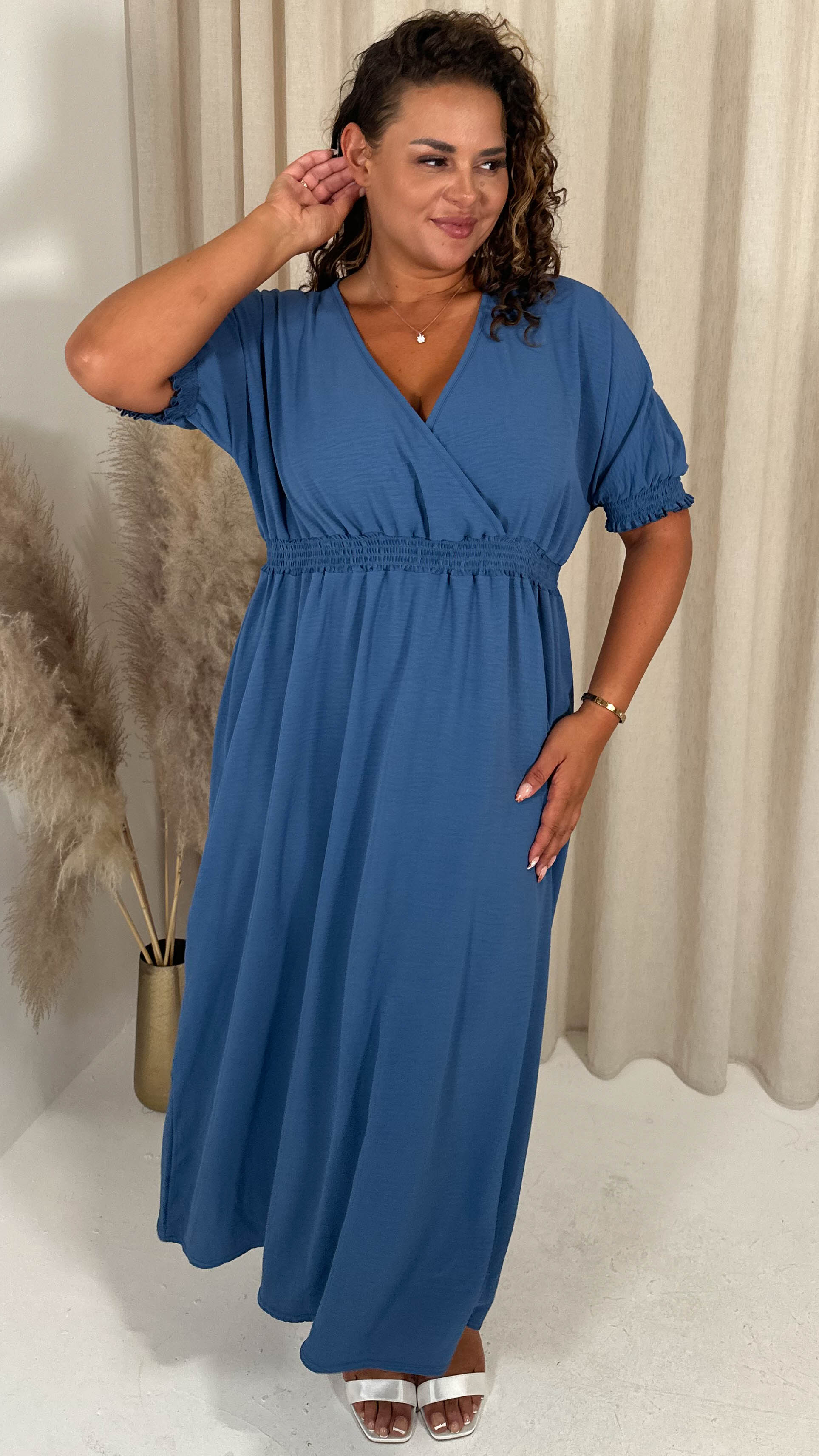 CurveWow Shirred Waist Cuff Midaxi Dress