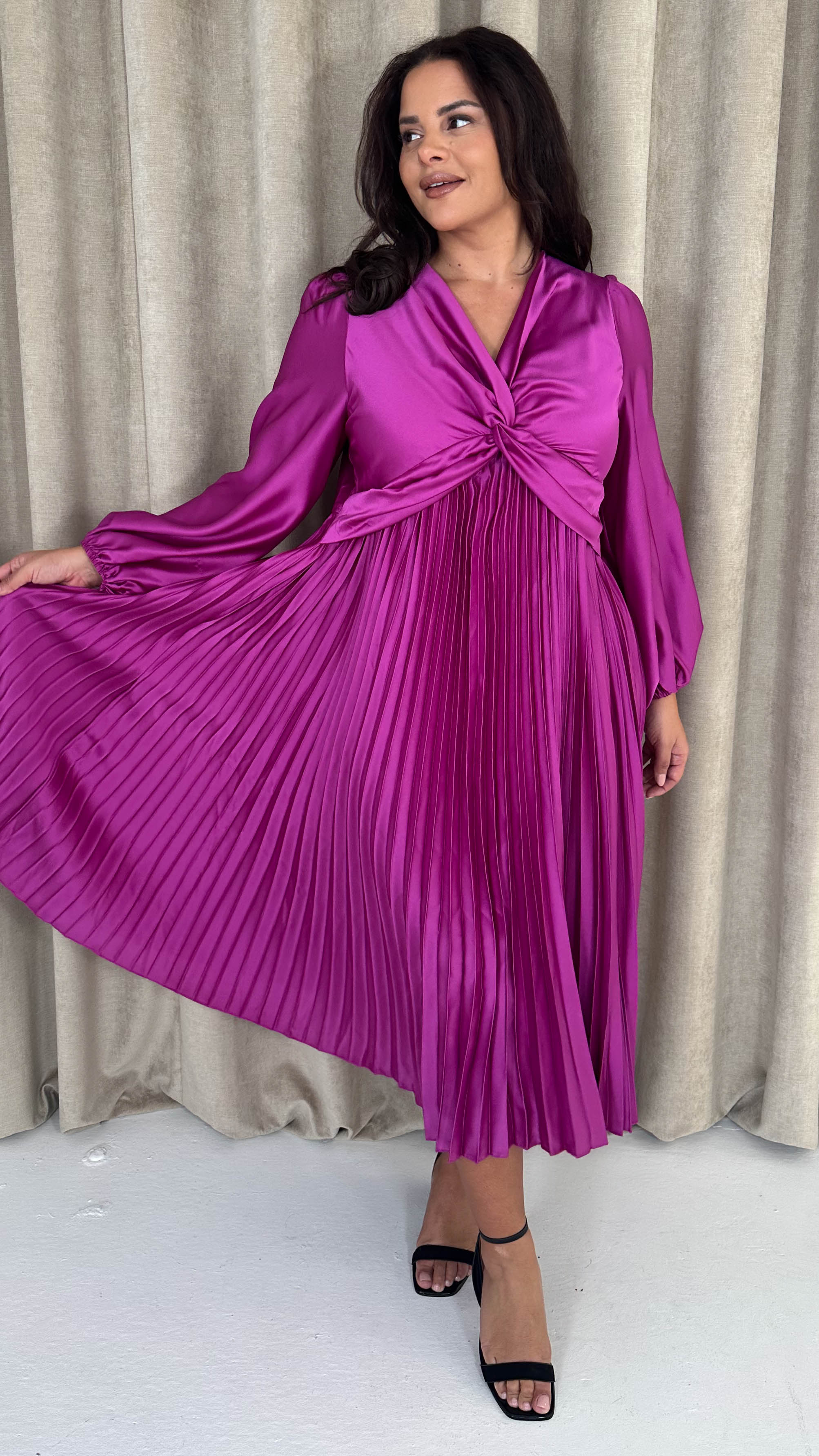 CurveWow Twist Front Satin Midi Purple