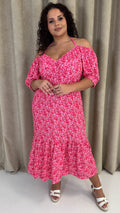 CurveWow Frill Hem Halter Tie Midi Dress Red/Pink Floral