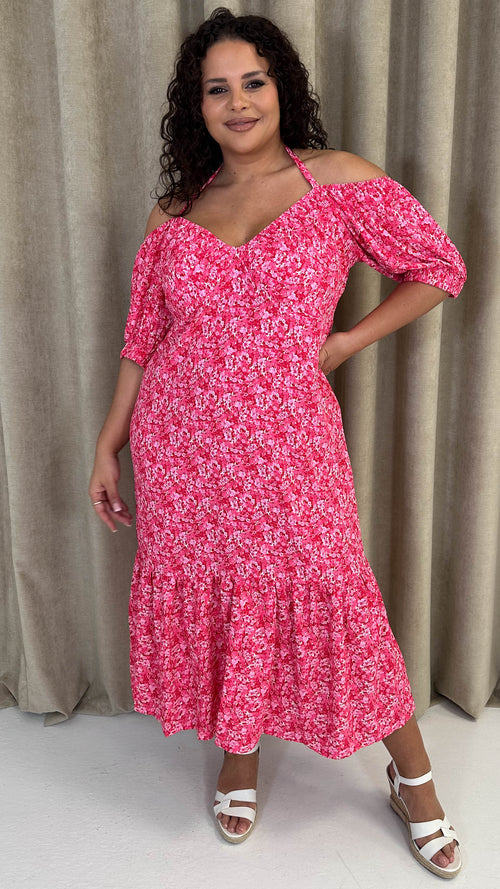 CurveWow Frill Hem Halter Tie Midi Dress Red/Pink Floral