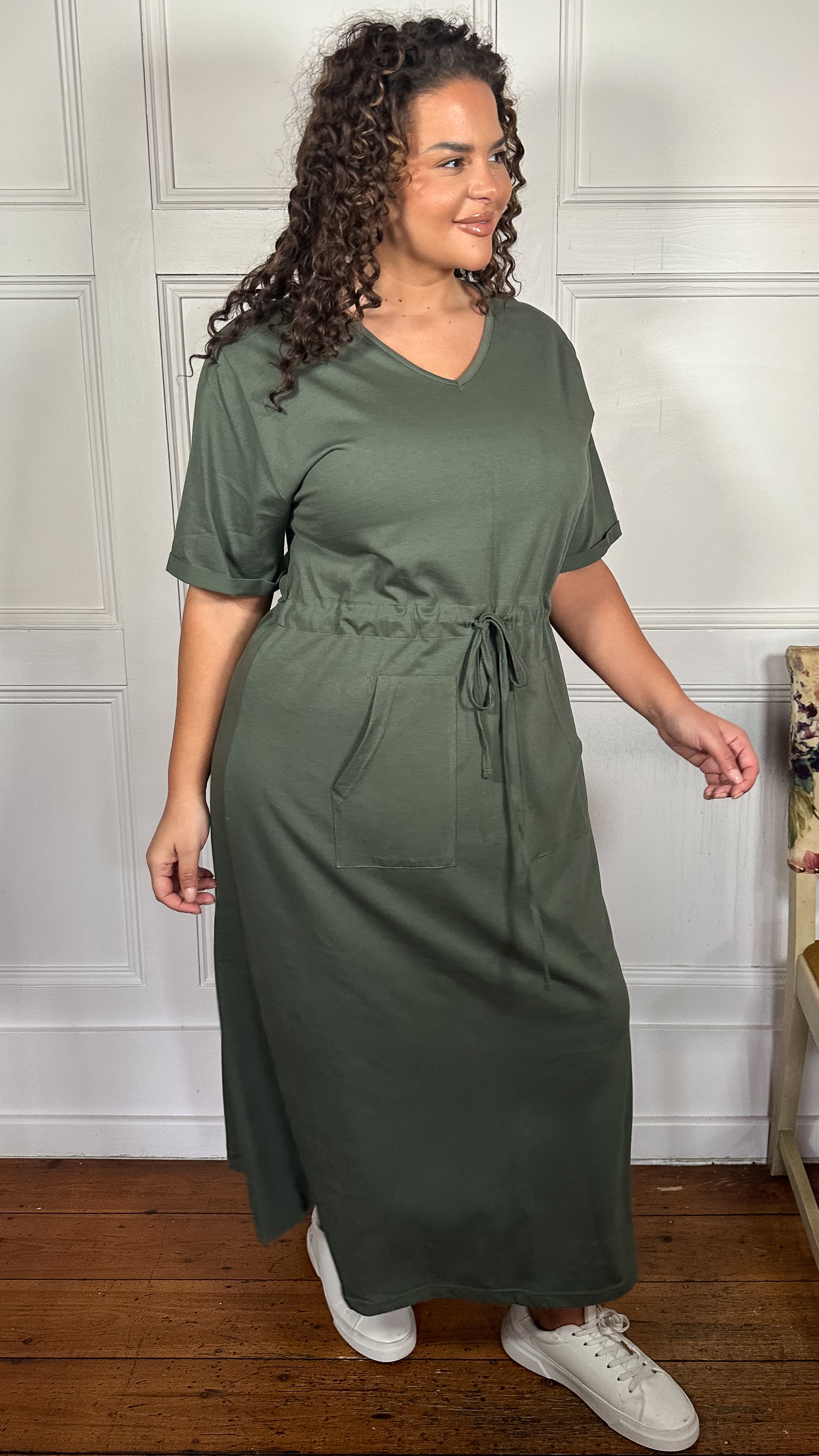 CurveWow Maxi T-Shirt Dress With Drawstring Khaki