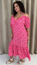 CurveWow Frill Hem Halter Tie Midi Dress Red/Pink Floral