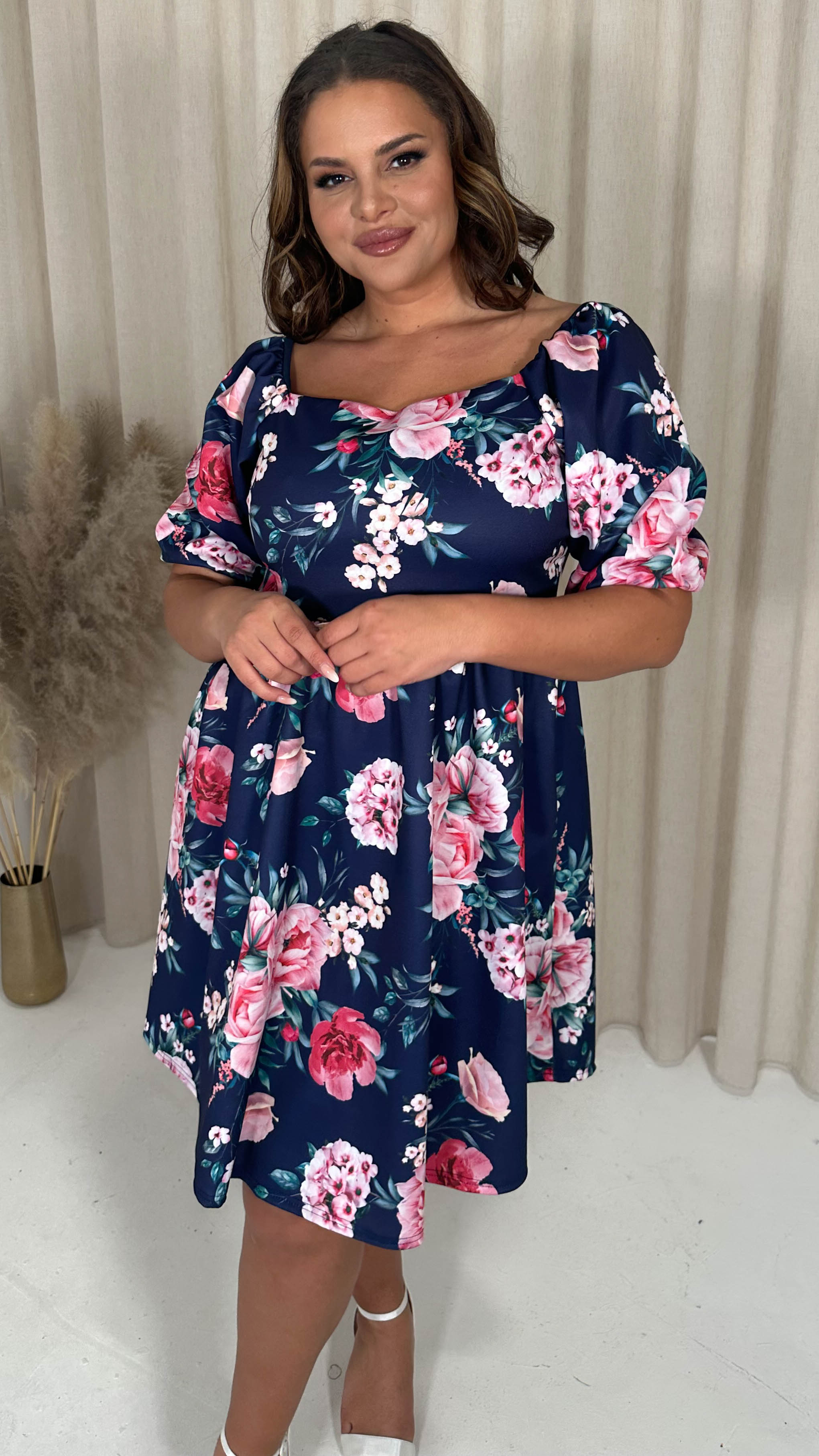 CurveWow Milkmaid Mini Dress Navy Floral