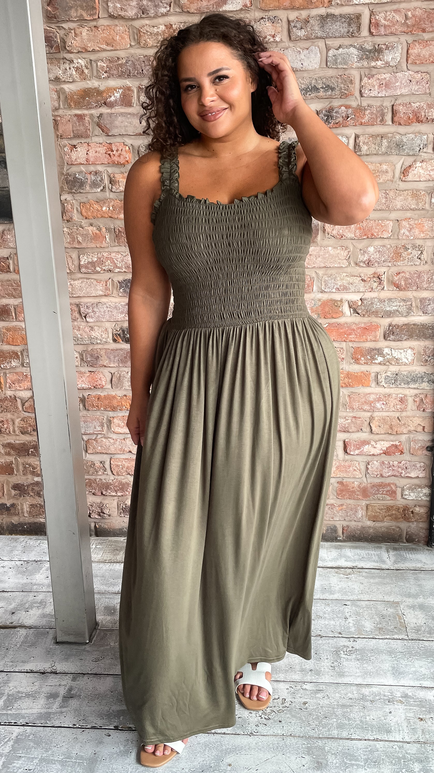 CurveWow Shirred Bust Maxi Dress Khaki