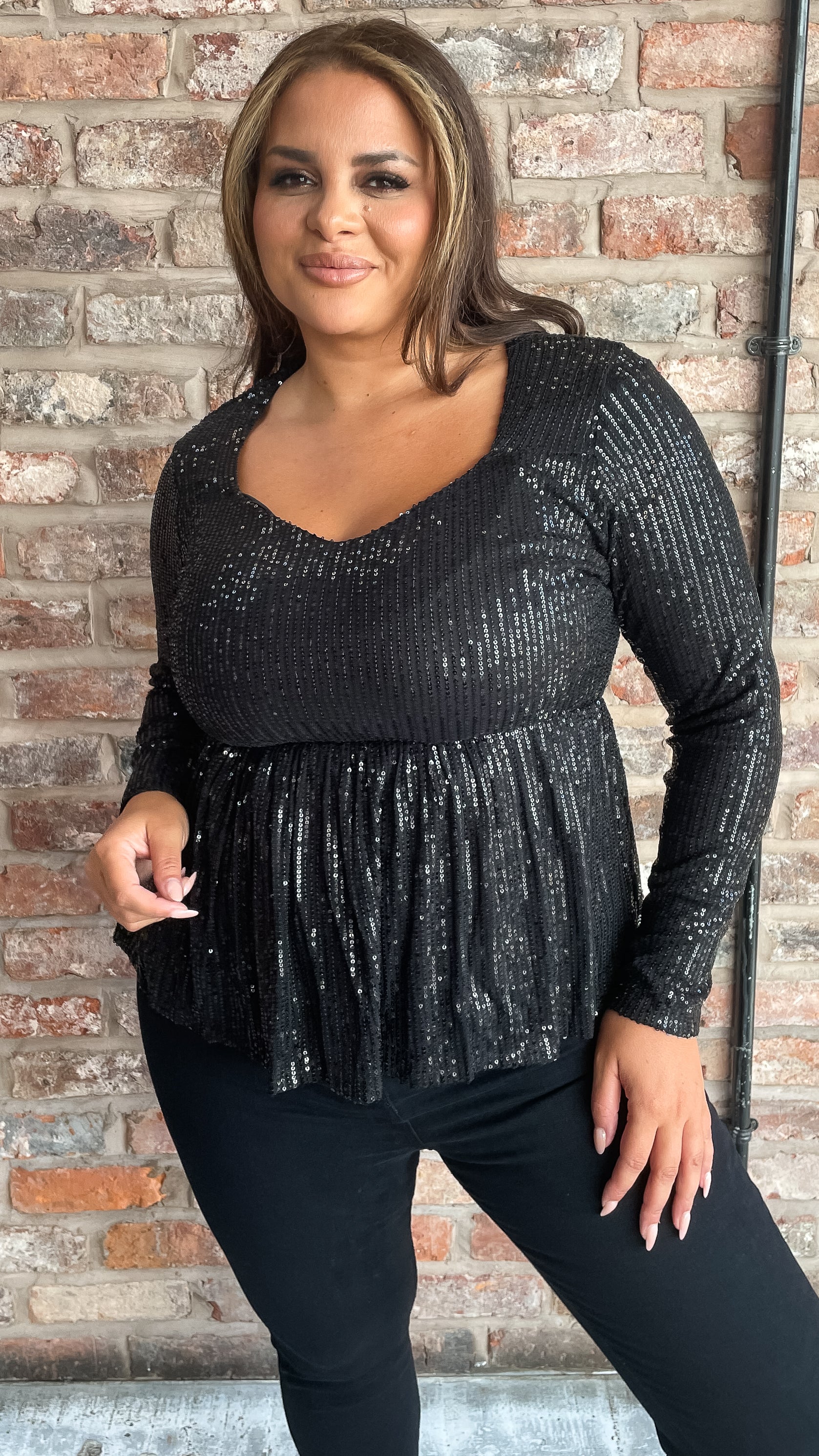 CurveWow Sequin Sweetheart Peplum Top Black
