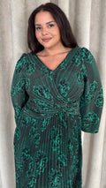 CurveWow Side Knot Pleated Dress Green Floral