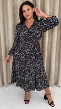 CurveWow Wrap Waist Tie Midi Dress Black Floral