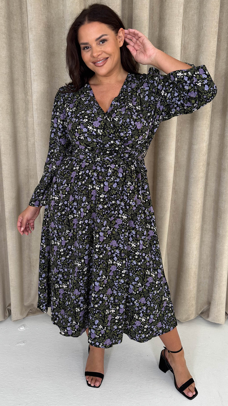 CurveWow Wrap Waist Tie Midi Dress Black Floral
