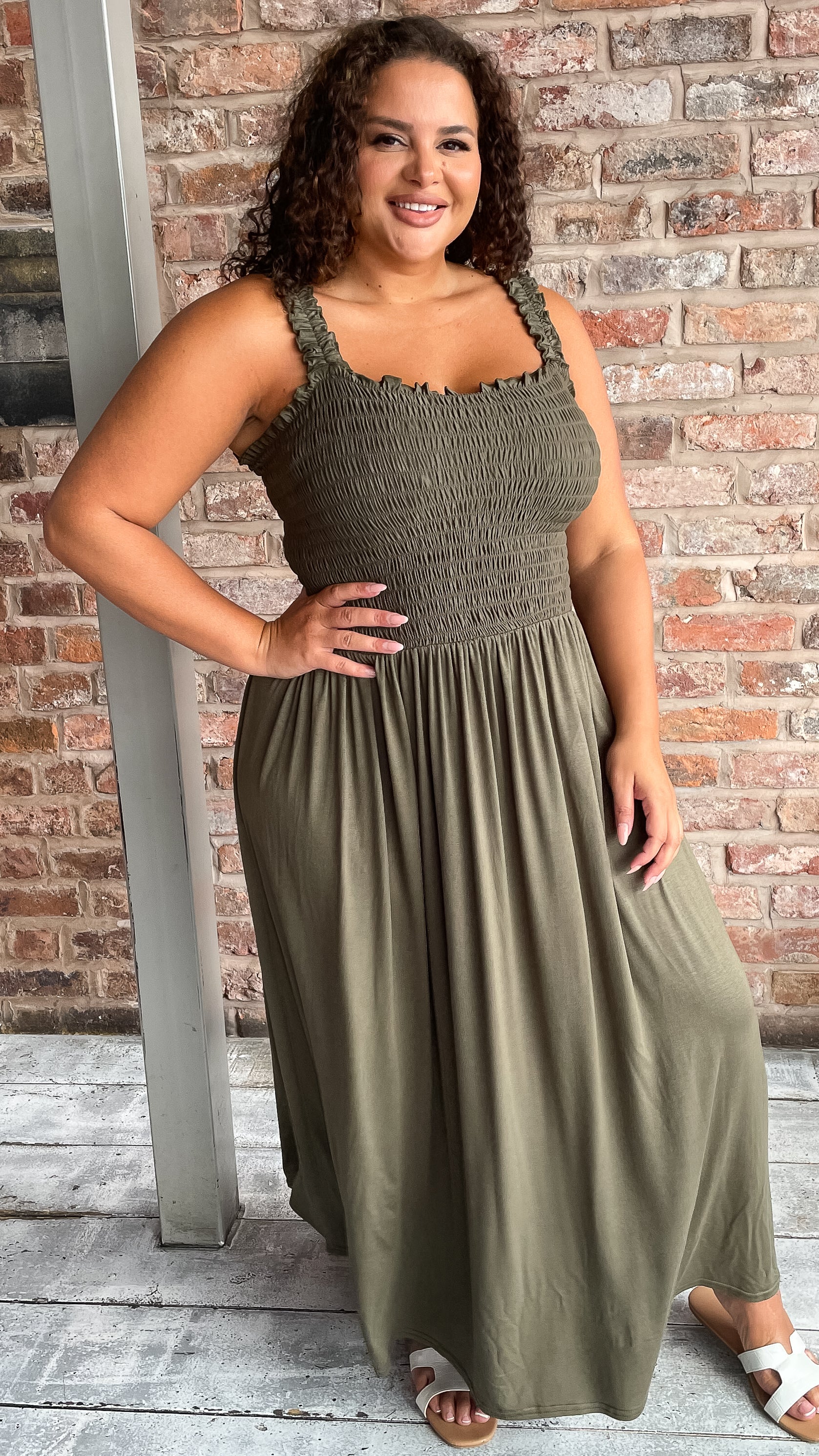 CurveWow Shirred Bust Maxi Dress Khaki