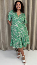CurveWow Wrap Angel Sleeve Trapeze Midi Dress Green Ditsy