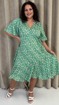 CurveWow Wrap Angel Sleeve Trapeze Midi Dress Green Ditsy