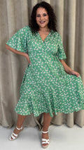 CurveWow Wrap Angel Sleeve Trapeze Midi Dress Green Ditsy