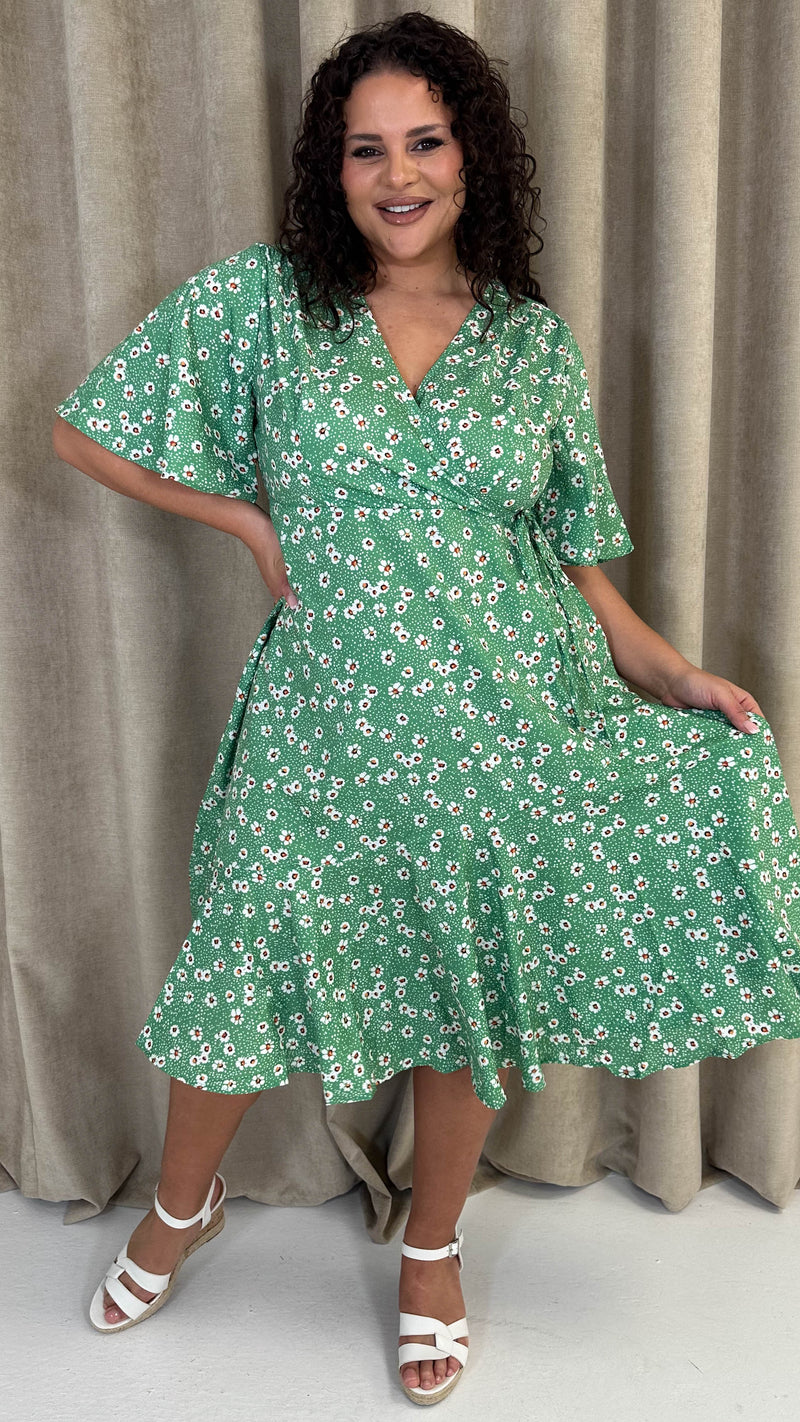 CurveWow Wrap Angel Sleeve Trapeze Midi Dress Green Ditsy