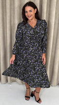 CurveWow Wrap Waist Tie Midi Dress Black Floral
