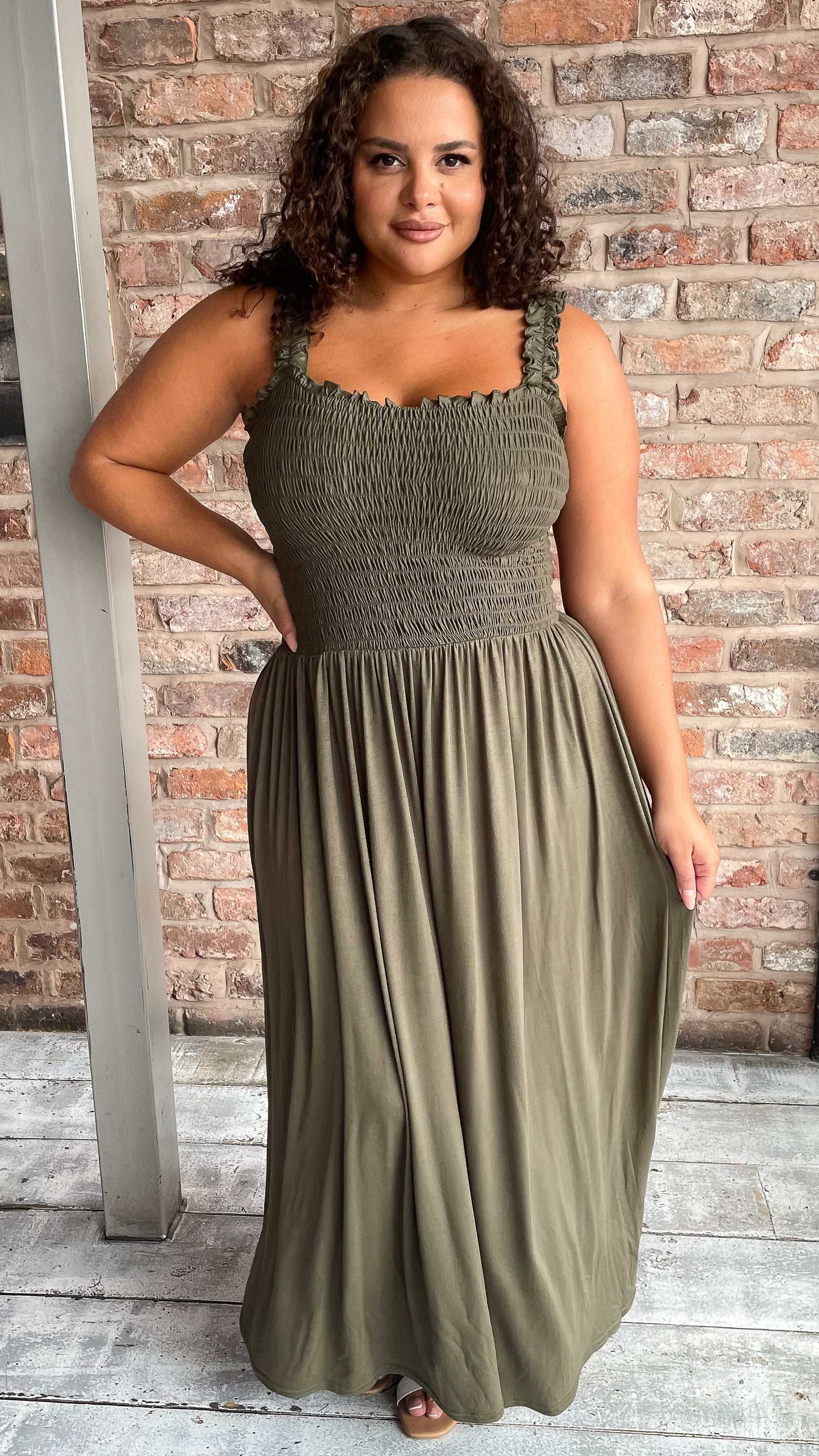 CurveWow Shirred Bust Maxi Dress Khaki