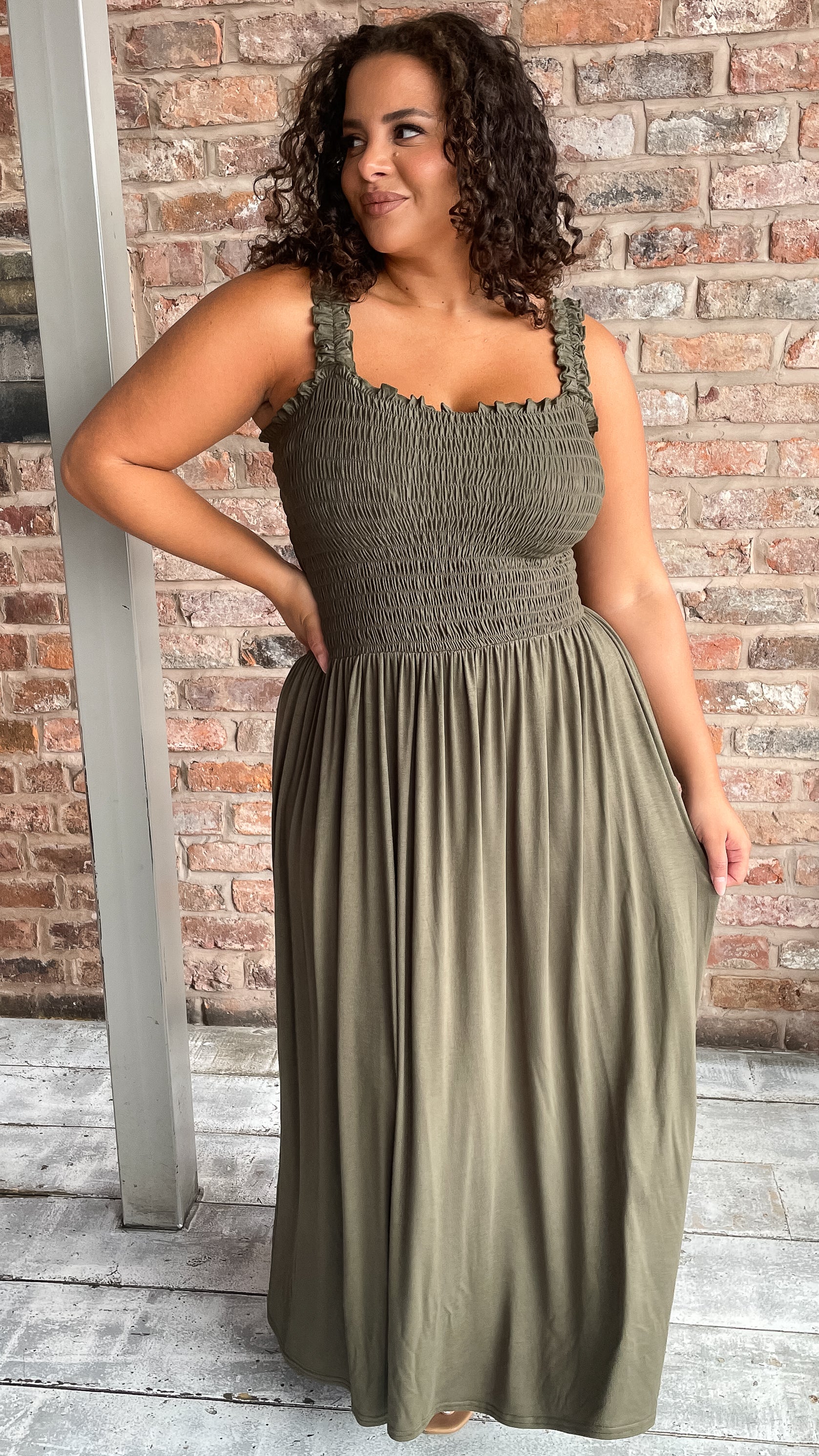 CurveWow Shirred Bust Maxi Dress Khaki