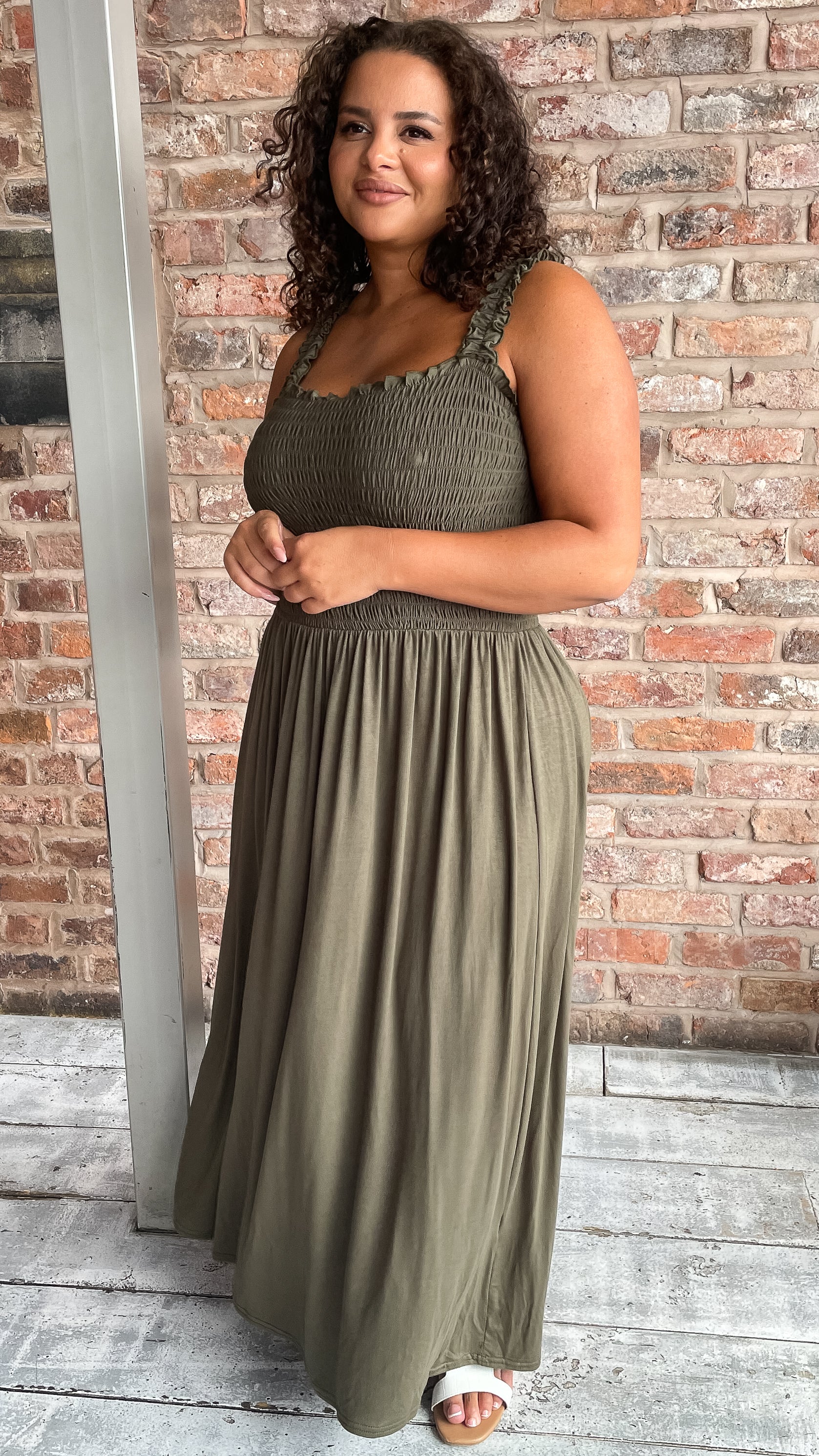 CurveWow Shirred Bust Maxi Dress Khaki